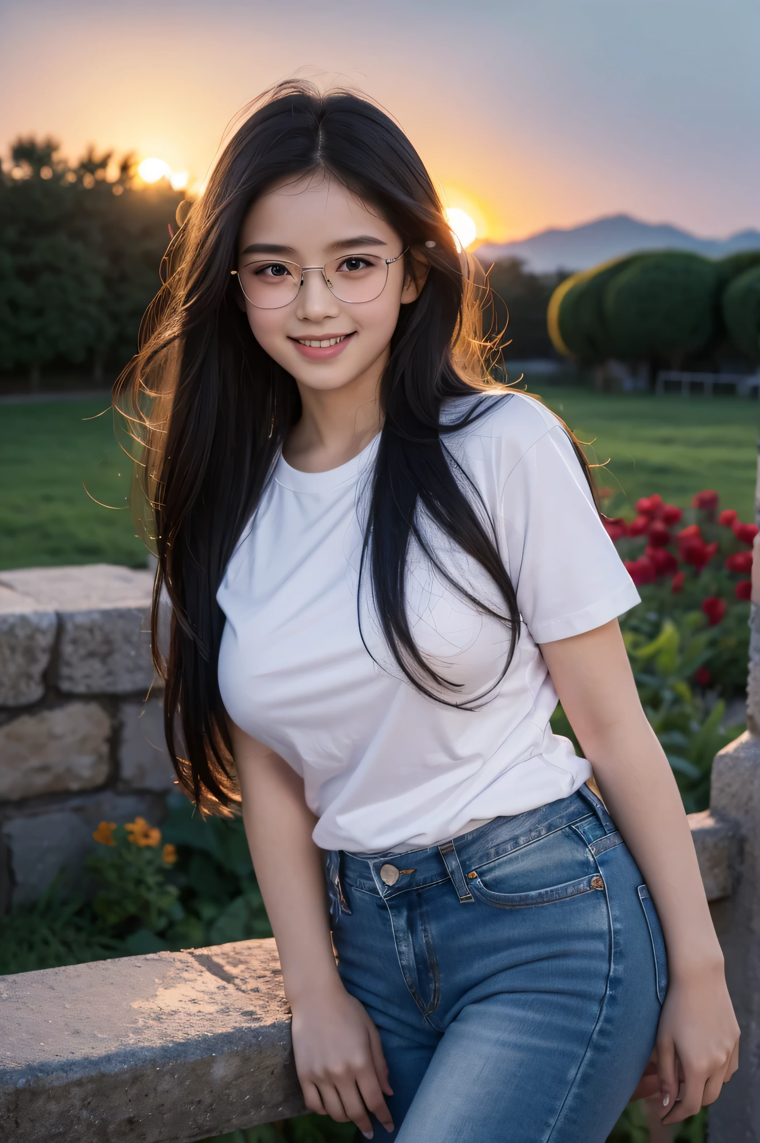 beautiful illustration, best quality,masterpiece,ultra detailed skin,great detail,realistic,photorealistic, (High definition background:1.2), (nsfw:0),(completely nude:0), 1girl , (10 years old girl:1.2) ,glasses, light smile, full face blush,(plump), very long hair,absurdly_long_hair, black hair, big breasts, in garden, t-shirt, blue_jeans,smile, (sunset, moon, cloud, red sun),