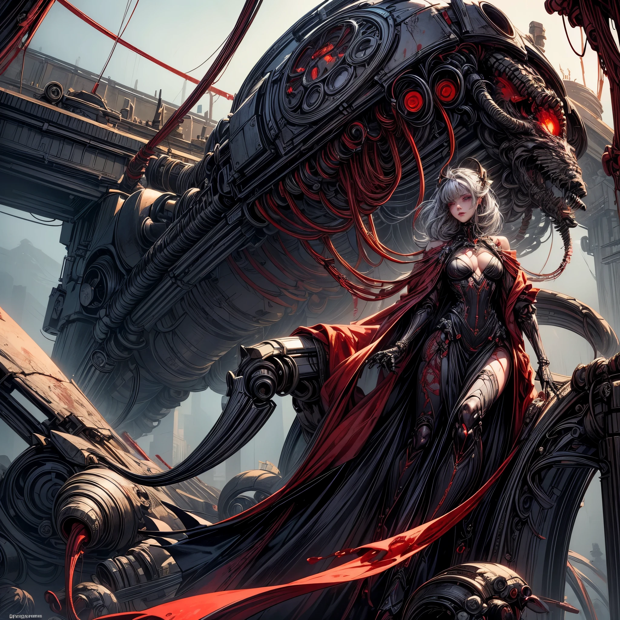 (((masterpiece))), ((Highest quality)), (Super Detail), (CG illustration), (So evil and beautiful)), Cinematic Light, ((1. Mechanical Girl)), single, (Mechanical Arts: 1.4), ((Mechanical Limbs)), (Blood vessel attached to a tube), ((Mechanical spine attached to the back)), ((Mechanical cervical vertebrae attached to the neck), (Back to viewers)), Expressionless, ( Wires and cables connected to the head and torso: 1.5), sf, Apocalypse, What&#39;s left behind, (Lower body integrated with mechanical device), (Blood: 1.5), Cruelty, Confused, eroticism, Integration with machines, The End Times, Super Future, Inorganic, Research Room, constrained, (Beautiful luxury: 1.2), (1 girl: 1.3), A body wrapped in mechanical tentacles