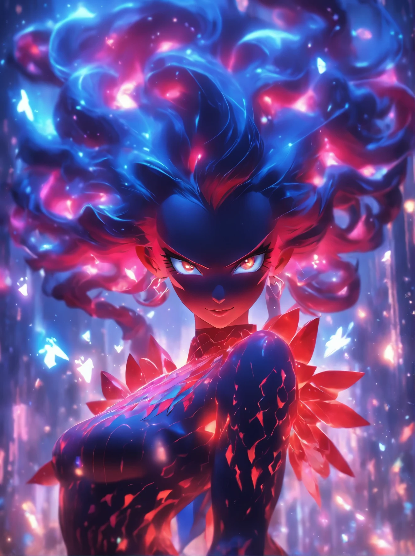 Demon Princess, full body, female character demon, fairy dress, intricate, elegant, highly detailed, blue eyes, dark red hair, digital painting, artstation, perfect body, holographic glow, light particles, raytraced, alchemist room with colorful potions, concept art, magic energy wings, smooth, sharp focus, illustration, 8k, floating colorful crystals,