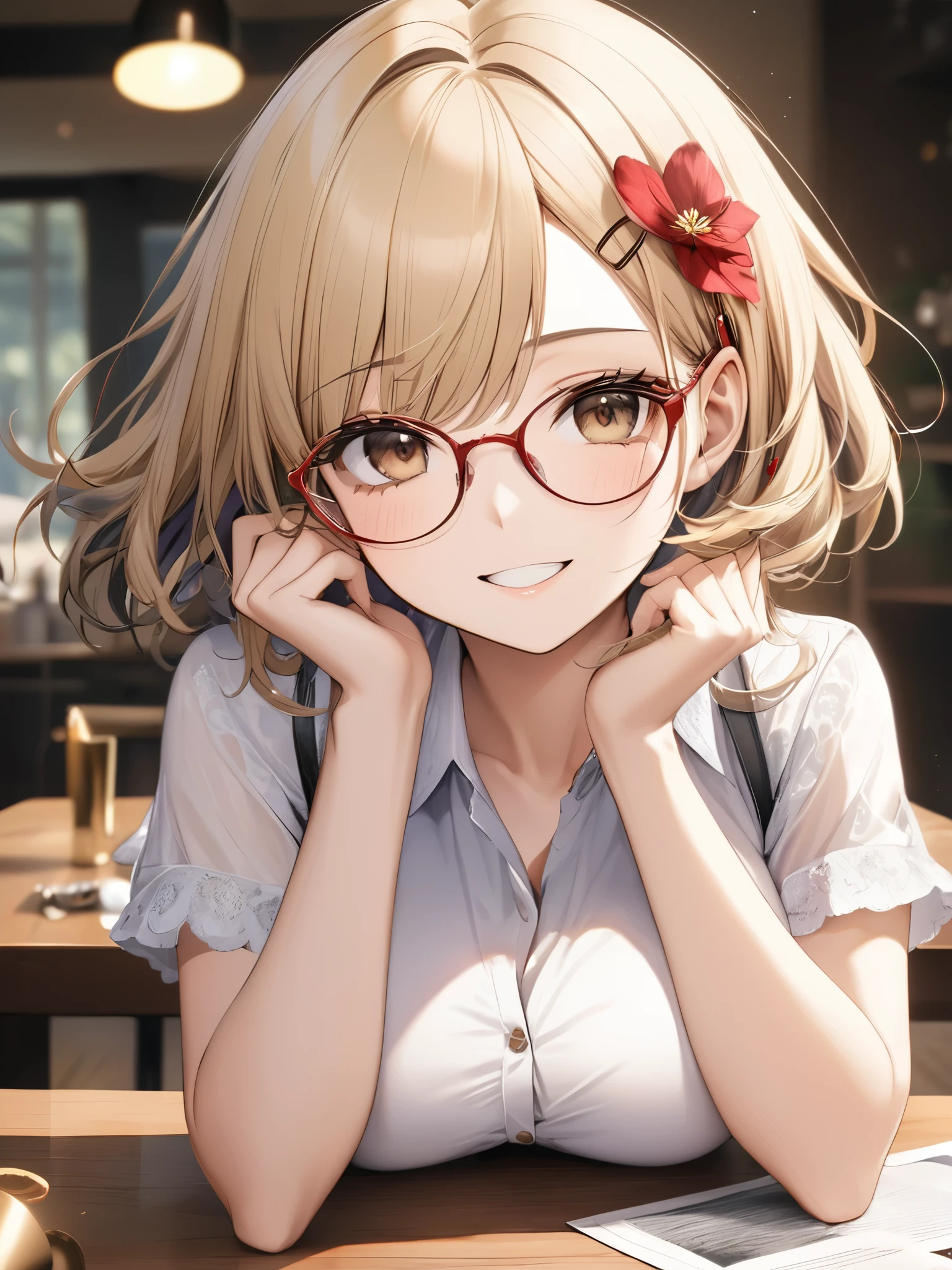(masterpiece), (best quality),(ultra detailed),(extremely detailed),(absolutely resolution) ,absurdres,8k, cute and beautiful face, highly detailed face and eyes, 1girl, wearing red-glasses, grin, hands up,elbows on table, (messy hair, blond hair, bobcut, hairpin, dark-brown-eyes:1.5), big breasts, tanktop, opened blouse,(Intricate Iris Details,Depth and Dimension in the Pupils:1.0),