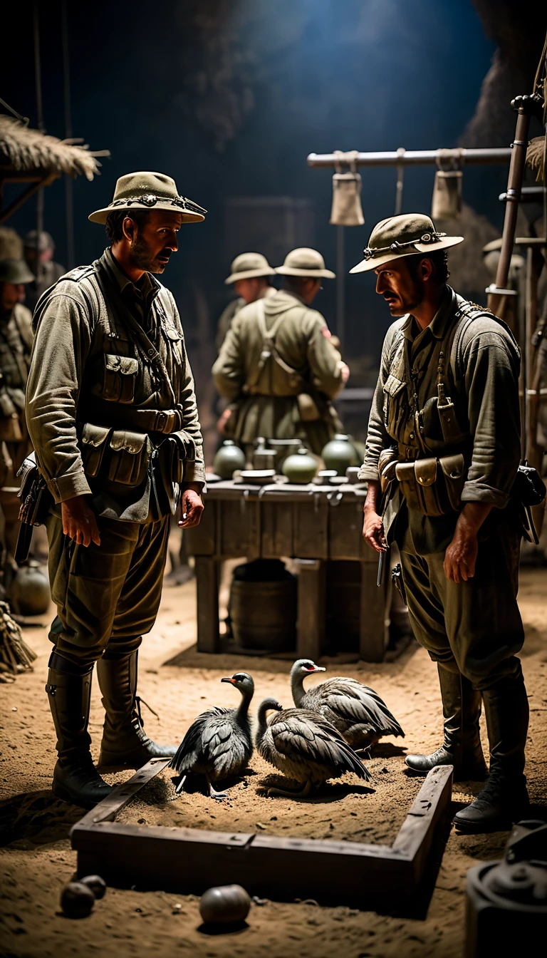 Soldiers discussing alternate strategies to deal with the emu threat, such as traps or poison, background cinematic, hyper realistic, ultra detailed hyper realistic, photorealistic, Studio Lighting, reflections, dynamic pose, Cinematic, historical accuracy, Color Grading, Photography, Shot on 50mm lens, Ultra-Wide Angle, Depth of Field, hyper-detailed, beautifully color, 8k