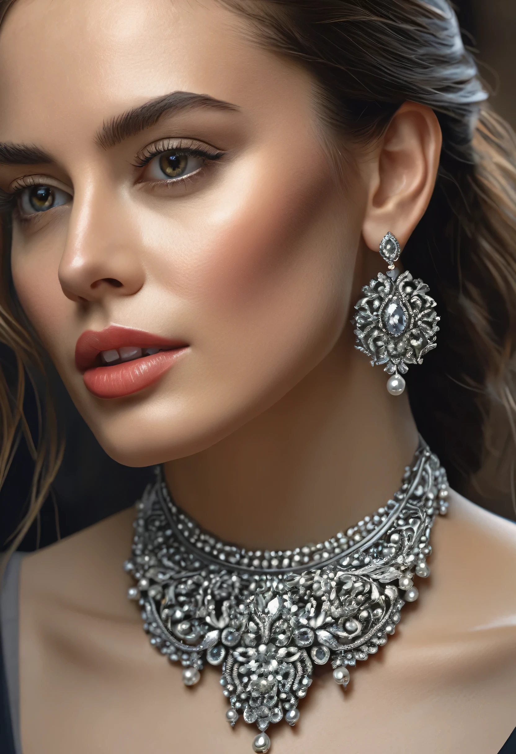 a close up of a woman wearing a necklace and earrings, detailed beauty portrait, detailed beautiful portrait, beautiful digital artwork, realistic digital art 4 k, realistic digital art 4k, stunning digital illustration, highly realistic digital art, stunning digital painting, gorgeous digital painting, detailed beautiful face, 4k highly detailed digital art, realistic digital painting, stunning digital art, beautiful digital painting, hyper realistic, cinematic
