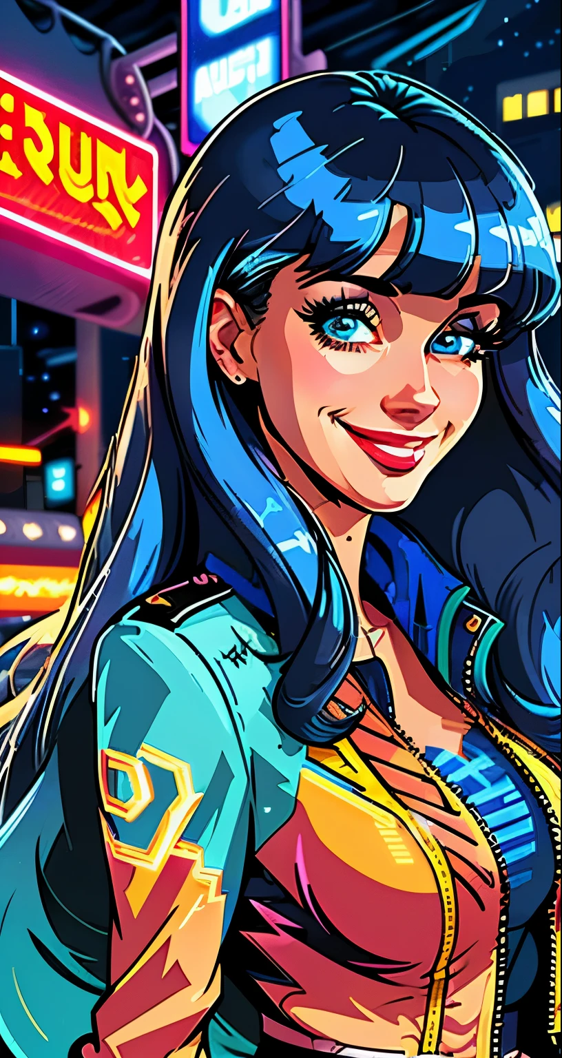 masterpiece, best quality, 1girl city pop, night, neon light, looking at another, upper body, vector illustration, blue jacket, light smile, blunt bangs, long hair, blue eyes