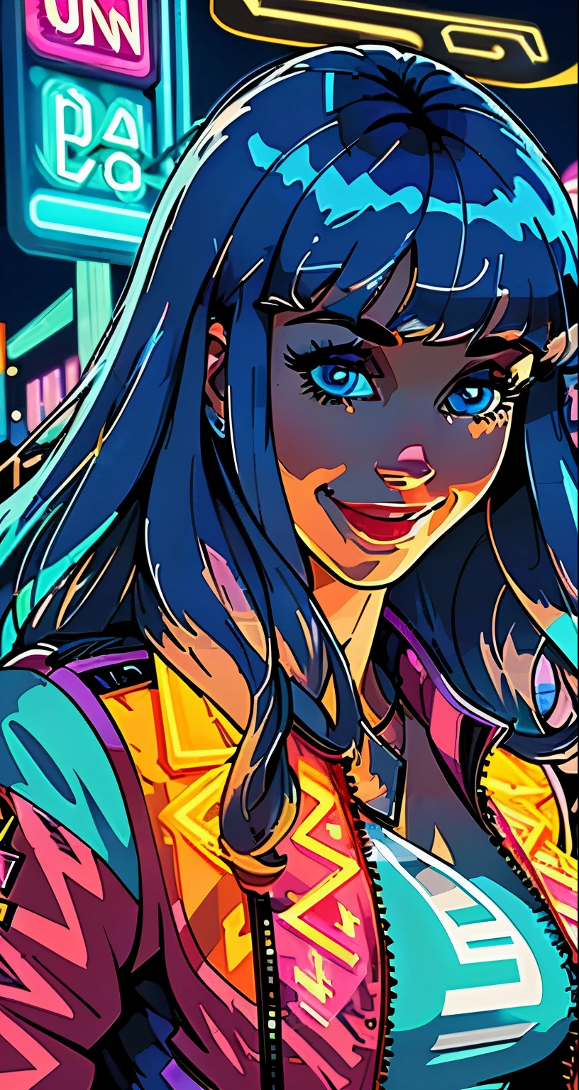 masterpiece, best quality, 1girl city pop, night, neon light, looking at another, upper body, vector illustration, blue jacket, light smile, blunt bangs, long hair, blue eyes