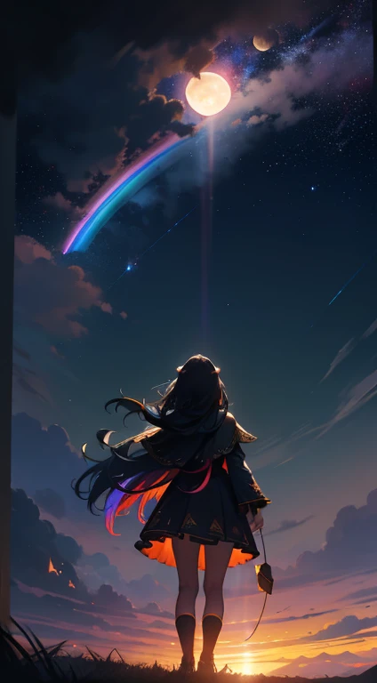 Vast landscape photography, (View from below, There is a sky above、Below is a wide field), A girl standing in a flower field looking up, (full moon: 1.2), (meteor: 0.9), (nebula: 1.3), Distant Mountain々 , wood々destroys art, (Warm Light: 1.2), (fire Fly: 1.2), Light, Lots of purple and orange, Intricate details, Volumetric lighting, Realism Break (masterpiece: 1.2), (highest quality), 4K, Very detailedな, (Dynamic configuration: 1.4), Very detailed, Colorful details, (Rainbow-colored: 1.2), (Glow Lighting, Atmospheric lighting), dream-like, Magic, (alone: 1.2)