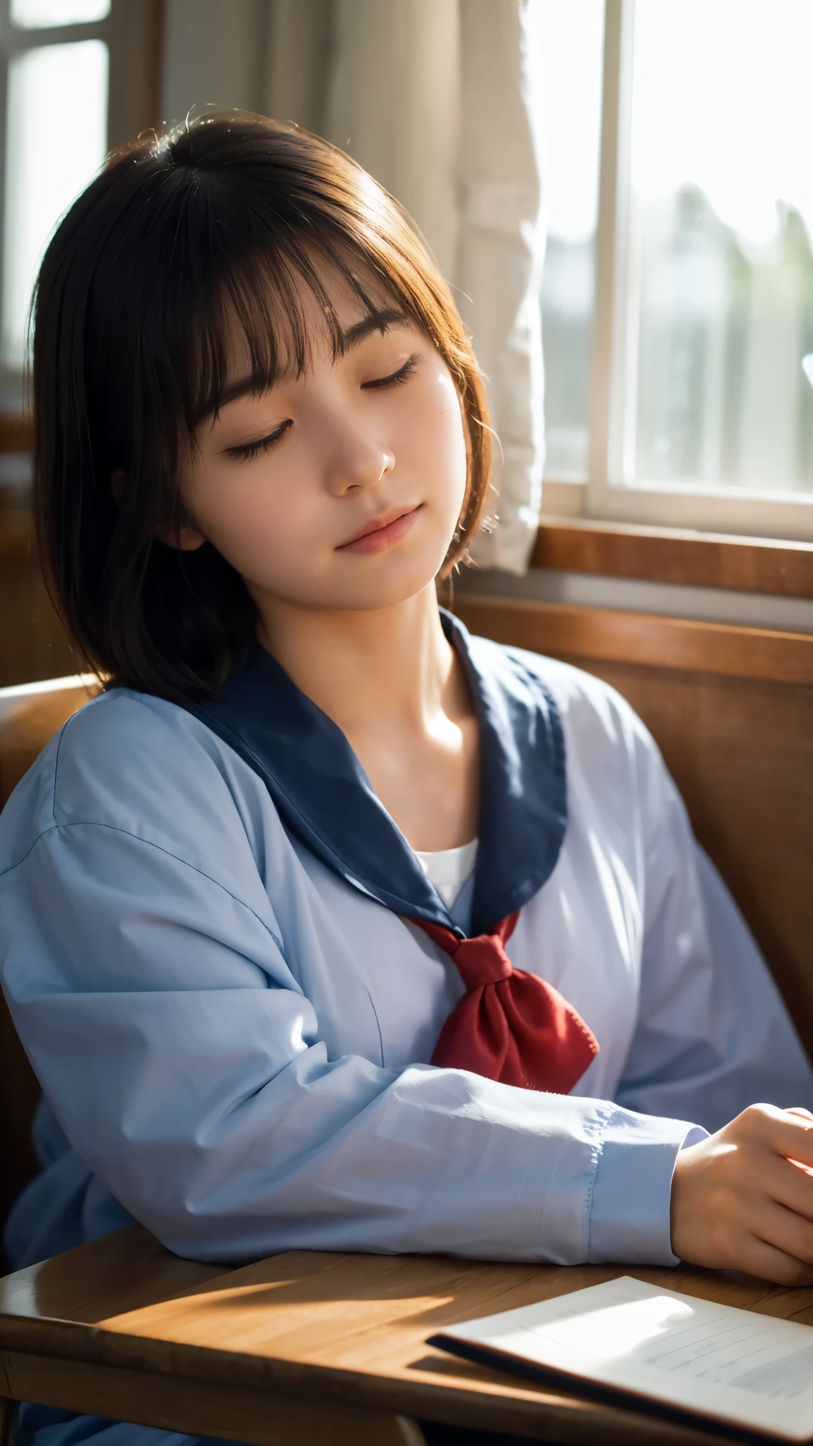 (highest quality,masterpiece:1.3,Ultra-high resolution),(Super detailed,Caustics,8k),(Photorealistic:1.4,RAW shooting),(School classroom),(Girl sleeping with her head on the desk:1.2),Sit on a chair,18-year-old,Japanese,Short black hair,(cute sleeping face),(Eyes closed:1.1),Sailor suit,(The light coming in from the window illuminates the girl:1.1),(Curtains fluttering in the wind),(Bust up shot),(Face Focus:1.1),(Face close up:1.1),Natural light