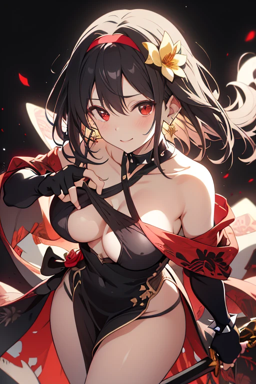 yor briar, anime style beutiful woman, 1girl, happy, sexy pause,(with sparkling eyes and a contagious smile:0.9),red face, closed mouth, beautiful detailed eyes, super detailed skin, backlighting, bare shoulders, black background, black dress, black gloves, black hair, breasts, dress, earrings, fingerless gloves, floating hair, floral print, flower, gloves, gold earrings, gold hairband, hair flower, hair ornament, hairband, holding, holding weapon, jewelry, large breasts, long hair, looking at viewer, off-shoulder dress, off shoulder,red eyes, short hair with long locks, sidelocks, solo, spikes, thighs, two-sided dress, two-sided fabric, weapon, fighting stance , face, close up, from above, highest quality, looking at viewer,high resolution.