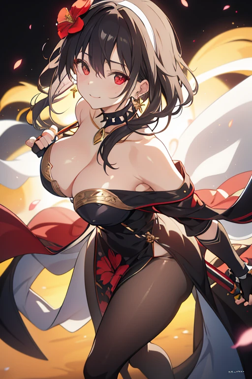 yor briar, anime style beutiful woman, 1girl, happy, sexy pause,(with sparkling eyes and a contagious smile:0.9),red face, closed mouth, beautiful detailed eyes, super detailed skin, backlighting, bare shoulders, black background, black dress, black gloves, black hair, breasts, dress, earrings, fingerless gloves, floating hair, floral print, flower, gloves, gold earrings, gold hairband, hair flower, hair ornament, hairband, holding, holding weapon, jewelry, large breasts, long hair, looking at viewer, off-shoulder dress, off shoulder,red eyes, short hair with long locks, sidelocks, solo, spikes, thighs, two-sided dress, two-sided fabric, weapon, fighting stance , face, close up, from above, highest quality, looking at viewer,high resolution.