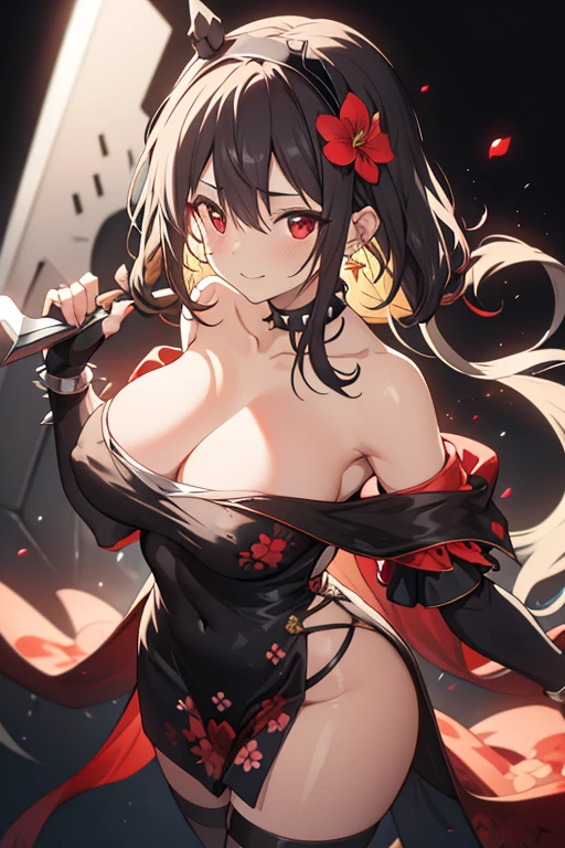 yor briar, anime style beutiful woman, 1girl, happy, sexy pause,(with sparkling eyes and a contagious smile:0.9),red face, closed mouth, beautiful detailed eyes, super detailed skin, backlighting, bare shoulders, black background, black dress, black gloves, black hair, breasts, dress, earrings, fingerless gloves, floating hair, floral print, flower, gloves, gold earrings, gold hairband, hair flower, hair ornament, hairband, holding, holding weapon, jewelry, large breasts, long hair, looking at viewer, off-shoulder dress, off shoulder,red eyes, short hair with long locks, sidelocks, solo, spikes, thighs, two-sided dress, two-sided fabric, weapon, fighting stance , face, close up, from above, highest quality, looking at viewer,high resolution.