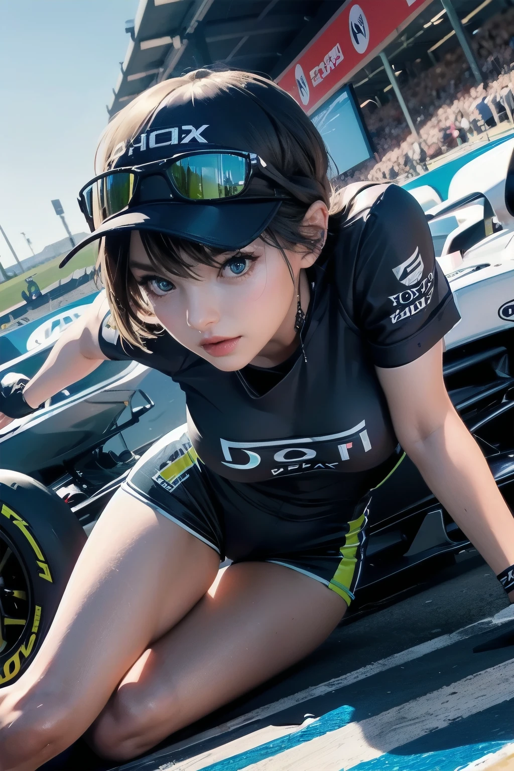 high quality,HD,16,000,sharp lines,1 girl,female f1racer athlete ,Cute face, big bust, good legs,at the race track,focus girl,detailed beautiful face,Detailed clothes,beautiful eyes,cool,dynamic angle