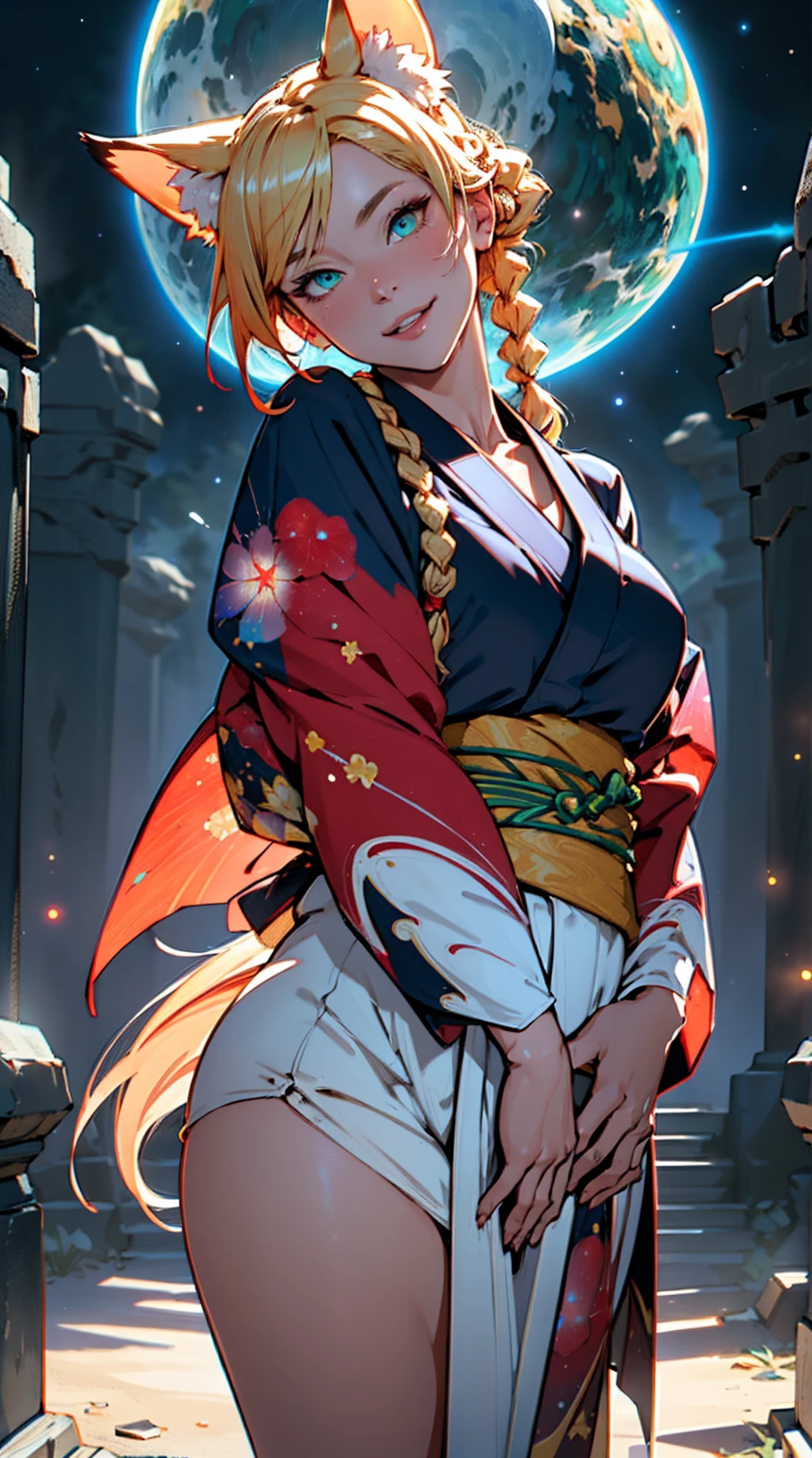 Highly detailed RAW color photo, beautiful young woman, short blonde hair,Female kitsune with 9 tails and a white yukata, kemonomimi mode, purpulish (blue | red | green) eyes, red eyeshadow, blonde hair, very long hair, braid, hime cut, seductive smile, naughty face, pov, dynamic pose,fully clothed,Standing split, (wide hips), (detailed skin), (detailed lips), (detailed eyes), (cosmic: 1.4), (necropolis: 1.1), (science fiction setting) (detailed face), (curvy), detailed eyes, chromatic aberration, depth of field, soft lighting, masterpiece, best quality, intricate, (lens reflection: 0.7), (flowering: 0.7), particle effects, ray tracing, tone mapping, highly detailed, concept art, smooth, sharp focus, dramatic lighting, highly detailed art, cinematic, hyper-realistic painting, trending on Artstation, 8K, amazing shadows, realistic, (highly detailed background: 1.2), mid-journey art, no nswf