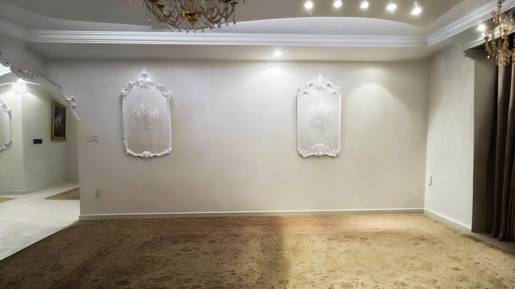 there is a room with a chandelier and a mirror on the wall, white gallery, interior decoration, neo - classical style, gallery, inside white room, white room, cream - colored room, ornate declotage, interior white wall, decoration around the room, with crystals on the walls, vip room, neoclassical style, decorated with opera motifs, interior of room