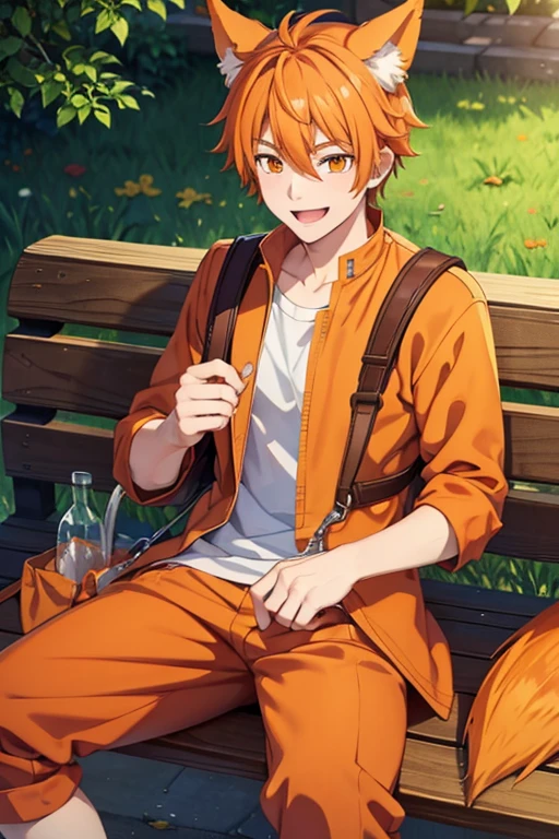 an orange haired male student with orange eyes and orange fox ears and an orange fox tail in a magical is smiling on a park bench with a bag of potions