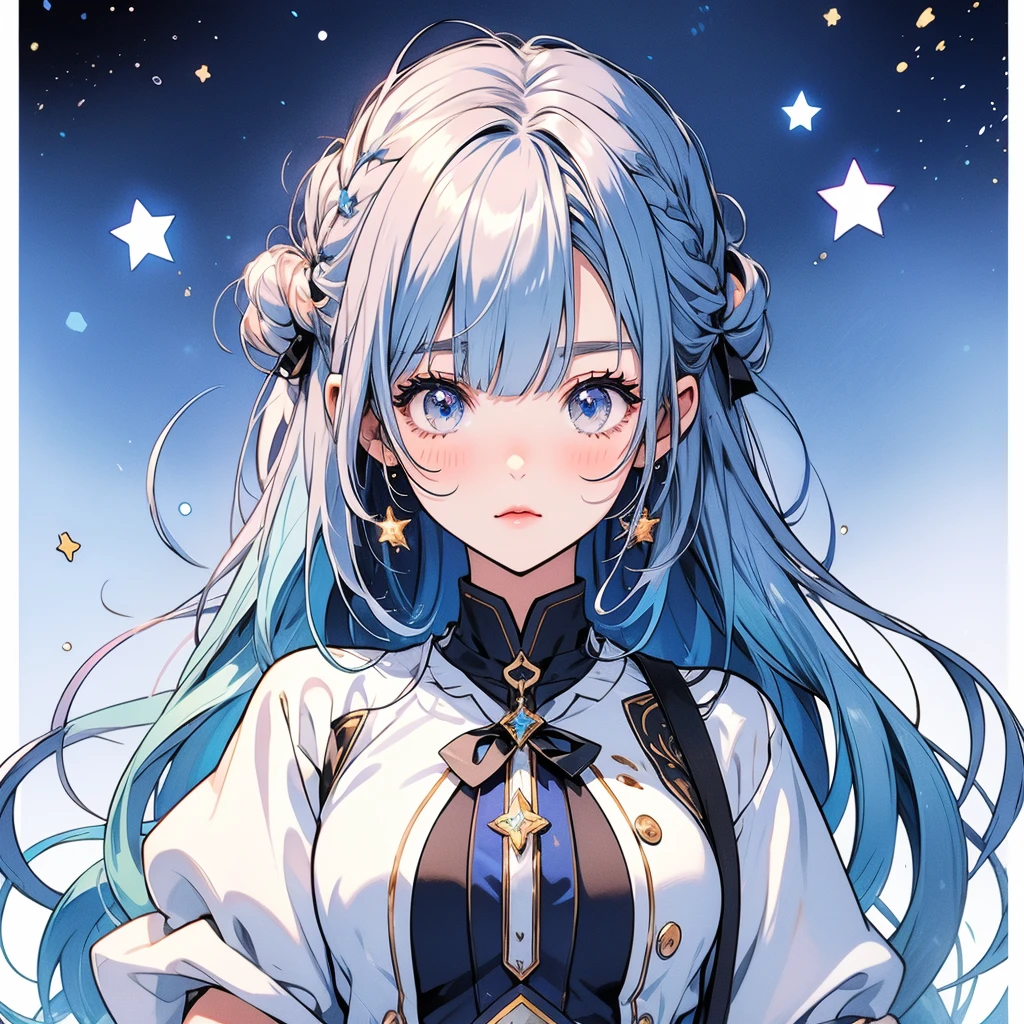 Star Fairy、vtuber-halfbody、Bangs shorter than eyebrowasterpiece、Best Quality、Best illustrations、Super detailed、Upper Body、solo、1 girl、looking at the camera、upright、Arms at your sides、Beautiful detailed eyes、Concept Art、from the front、White background、Simple Background、Droopy eyes and big eyes、Super detailedな眼、Sparkling eyeilky white and blue gradient long hair、Short sleeve、water colored pencils、kind face、blush、Virtual YouTuber、