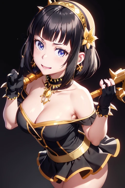 yor briar, anime style beutiful woman, 1girl, happy, sexy pause,(with sparkling eyes and a contagious smile:0.9),red face, closed mouth, beautiful detailed eyes, super detailed skin, backlighting, bare shoulders, black background, black dress, black gloves, black hair, breasts, dress, earrings, fingerless gloves, floating hair, floral print, flower, gloves, gold earrings, gold hairband, hair flower, hair ornament, hairband, holding, holding weapon, jewelry, large breasts, long hair, looking at viewer, off-shoulder dress, off shoulder,red eyes, short hair with long locks, sidelocks, solo, spikes, thighs, two-sided dress, two-sided fabric, weapon, fighting stance , face, close up, from above, highest quality, looking at viewer,high resolution.