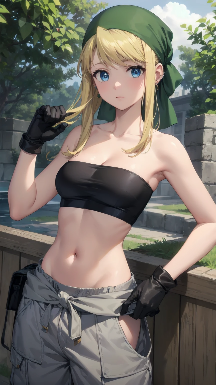 (((Pixel Perfect, Perfect detail))),
winry rockbell, blue eyes, blonde hair, gloves, navel, cleavage, bare shoulders, collarbone, earrings, midriff, pants, stomach, bare arms, strapless, bandana, bandeau, tube top, grey gloves,outdoor