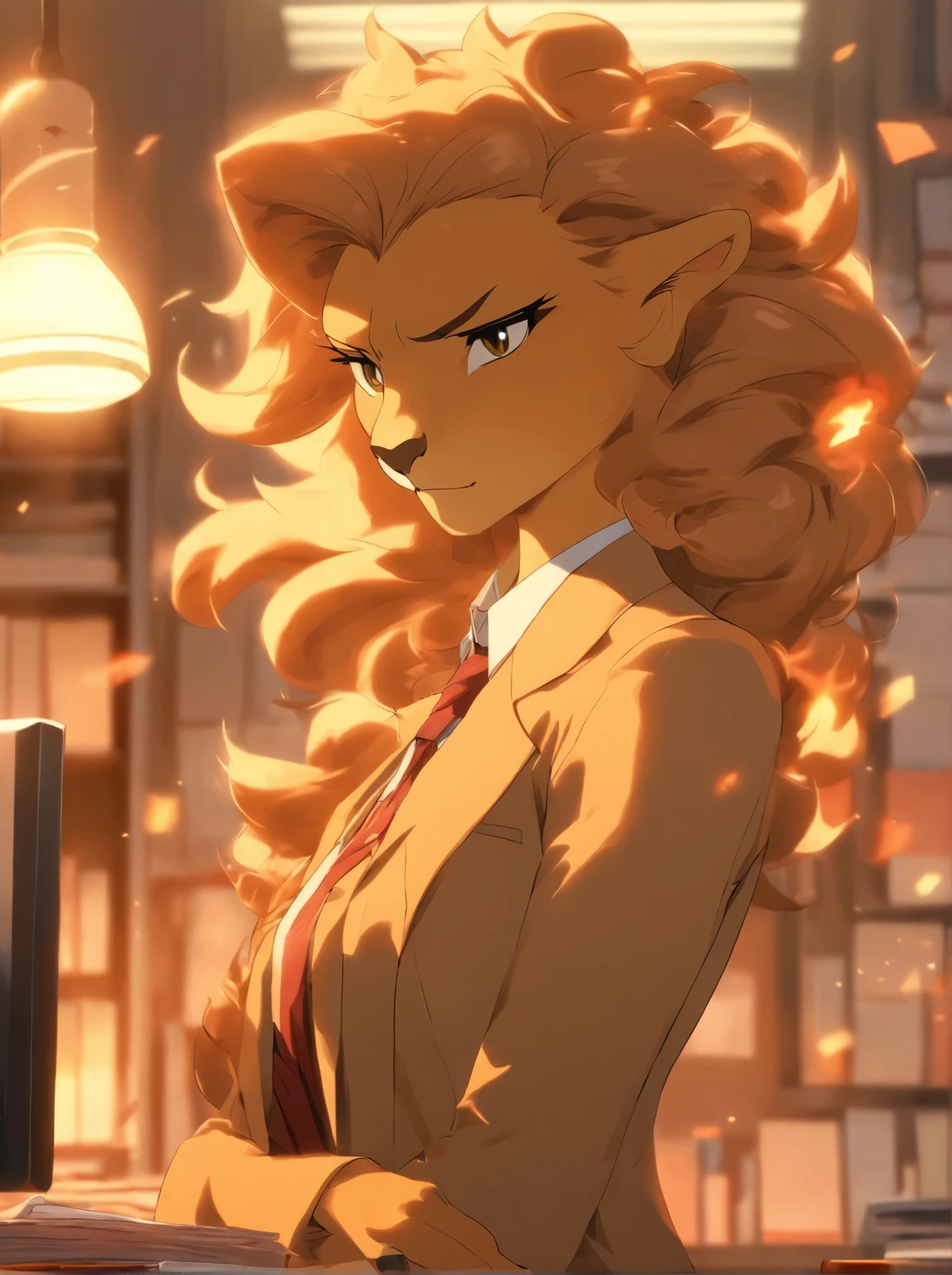This image showcases the anthropomorphic lioness as she stands near her desk, leaning against it with one arm. She wears a smart and alluring business suit, complete with a knee-length skirt and a fitted blazer. The open jacket reveals a glimpse of her sculpted midriff, enhancing her feminine appeal. With one paw resting on her hip, she appears confident and powerful, radiating an air of authority. The office backdrop is tastefully decorated, with bookshelves filled with files and a stylish lamp illuminating the scene.