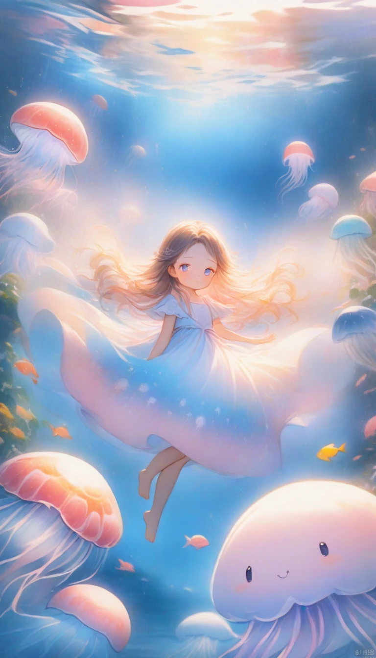 (girl with jellyfish motif:1.3), (flowing translucent dress:1.2), (luminous glow:1.3), (long wavy hair resembling tentacles:1.2), (delicate and graceful movements:1.3), (underwater ambiance:1.2), (floating effortlessly:1.2), (soft pastel colors:1.1), (ethereal beauty:1.3), (surrounded by small jellyfish:1.2), (gentle expression:1.1), (reflective eyes like deep sea:1.2), (barefoot with delicate feet:1.0), (ambient bubbles around:1.1), (mysterious aura:1.2), nsfw