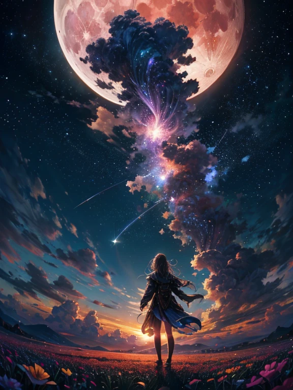 Landscape Photography (Viewed from below, Above, Field below), A girl standing in a flower garden looks up (full moon: 1.2), (meteor: 0.9), (nebula: 1.3), Distant Mountain々, wood々destroys art, (Warm Light: 1.2), (fire Fly: 1.2), Light, Lots of purple and orange, Intricate details, Volumetric Lighting Break (masterpiece: 1.2), ( highest quality), 4K, Super detailed, (Dynamic configuration: 1.4), Rich color and detail, (Iridescent: 1.2), (Shine, Atmospheric lighting), dream-like, Magic, (alone: 1.2)