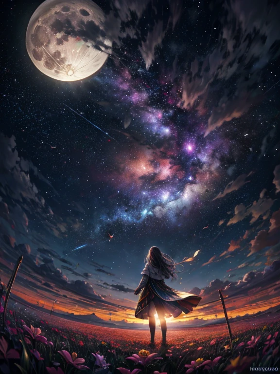 Landscape Photography (Viewed from below, Above, Field below), A girl standing in a flower garden looks up (full moon: 1.2), (meteor: 0.9), (nebula: 1.3), Distant Mountain々, wood々destroys art, (Warm Light: 1.2), (fire Fly: 1.2), Light, Lots of purple and orange, Intricate details, Volumetric Lighting Break (masterpiece: 1.2), ( highest quality), 4K, Super detailed, (Dynamic configuration: 1.4), Rich color and detail, (Iridescent: 1.2), (Shine, Atmospheric lighting), dream-like, Magic, (alone: 1.2)