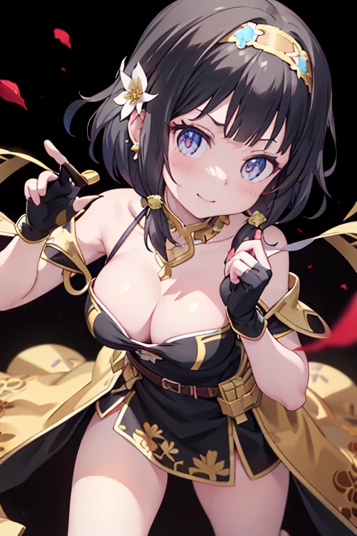 yor briar, anime style beutiful woman, 1girl, happy, sexy pause,(with sparkling eyes and a contagious smile:0.9),red face, closed mouth, beautiful detailed eyes, super detailed skin, backlighting, bare shoulders, black background, black dress, black gloves, black hair, breasts, dress, earrings, fingerless gloves, floating hair, floral print, flower, gloves, gold earrings, gold hairband, hair flower, hair ornament, hairband, holding, holding weapon, jewelry, large breasts, long hair, looking at viewer, off-shoulder dress, off shoulder,red eyes, short hair with long locks, sidelocks, solo, spikes, thighs, two-sided dress, two-sided fabric, weapon, fighting stance , face, close up, from above, highest quality, looking at viewer,high resolution.