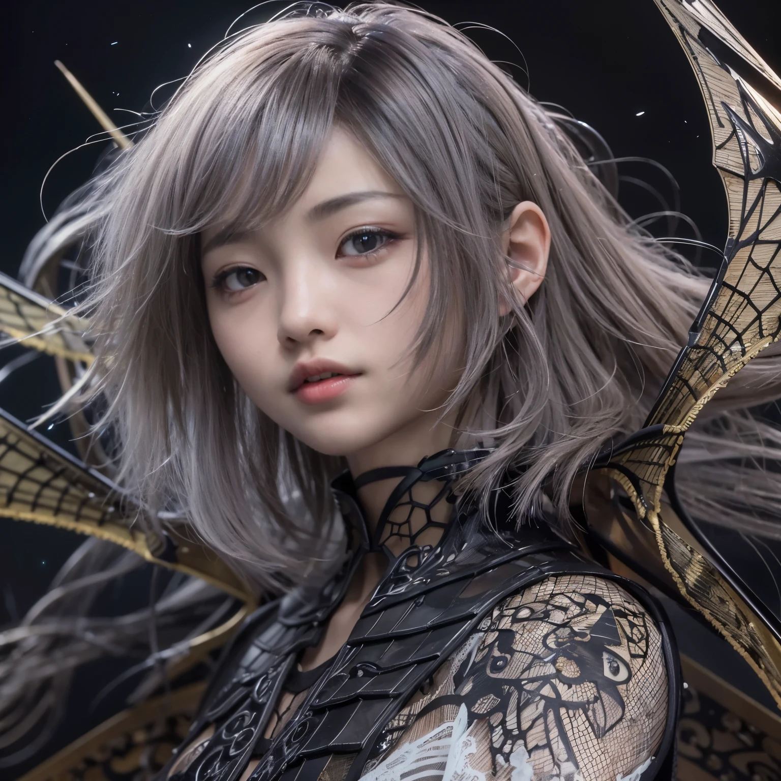 (masterpiece, best quality:1.2), (8k uhd, 16k, 32k, ultra high res), (photorealistic:1.37), (RAW photo), ultimate-realistic, ultimate-realistic details, ultimate-realistic texture, ultimate-intricate details, ultimate-realistic lighting, ultimate-realistic shadow, japanese girl, ultimate-cute face, ultimate-RAW skin, ultimate-realistic eyes, Beautiful Japanese girl with beautiful eyes and lips on upper body, spider body on lower body, bat wings, partly mechanical elements, 16 years old, vivid colors, detailed depiction of girl's hair blowing in the wind, realistic textures on the spider body, mechanical partssurrealistic lighting, eerie atmosphere, dark and mysterious background