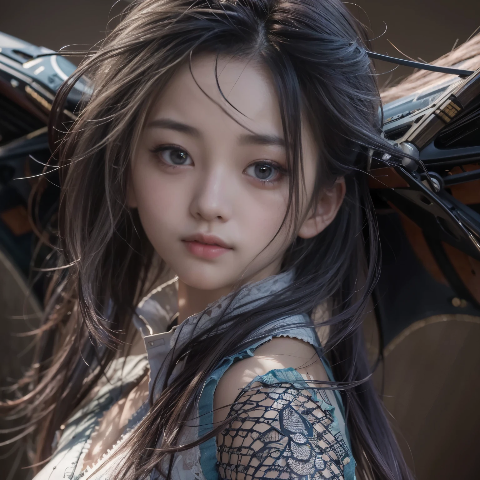 (masterpiece, best quality:1.2), (8k uhd, 16k, 32k, ultra high res), (photorealistic:1.37), (RAW photo), ultimate-realistic, ultimate-realistic details, ultimate-realistic texture, ultimate-intricate details, ultimate-realistic lighting, ultimate-realistic shadow, japanese girl, ultimate-cute face, ultimate-RAW skin, ultimate-realistic eyes, Beautiful Japanese girl with beautiful eyes and lips on upper body, spider body on lower body, bat wings, partly mechanical elements, , vivid colors, detailed depiction of girl's hair blowing in the wind, realistic textures on the spider body, mechanical partssurrealistic lighting, eerie atmosphere, dark and mysterious background