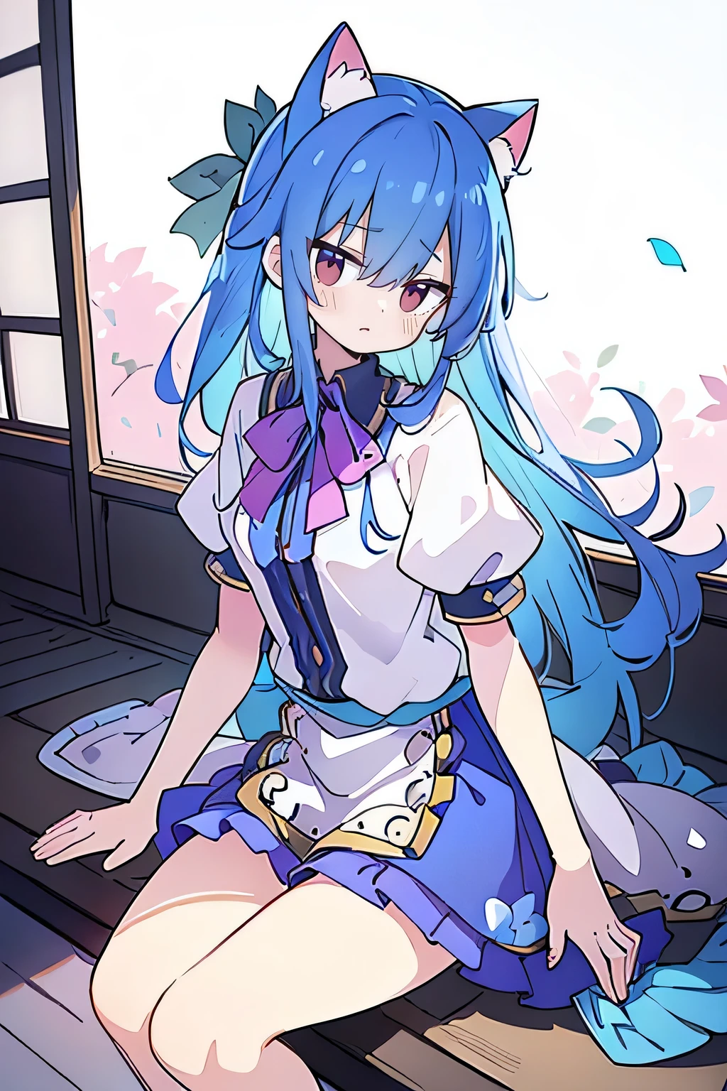 (masterpiece:1.2),ultra-detailed,realistic,expressive eyes,fair-skinned,perfectly shaped face,1girl,
Japanese cartoons,Gorgeous blue hair, flowing blue hair,floating clothes,cat ears,petals falling,beautiful Lola,Hina Angel,
hands on waist,gracefully sitting on the ground,legs crossed,gentle and serene background,cool and comfortable pavilion.