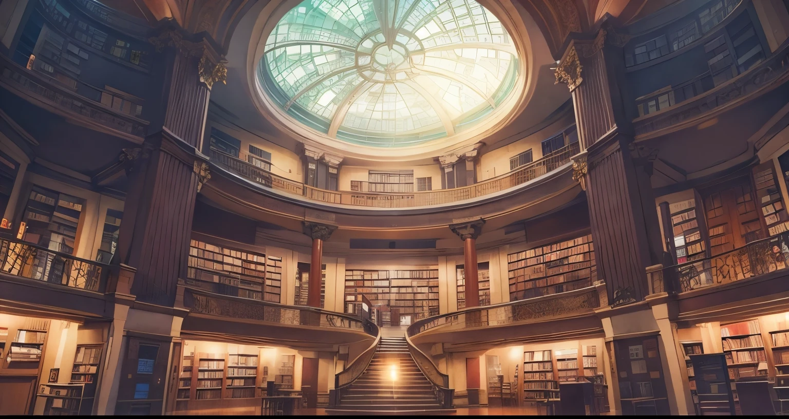 bookstore, library, circular hall, several floors, books, anime, background