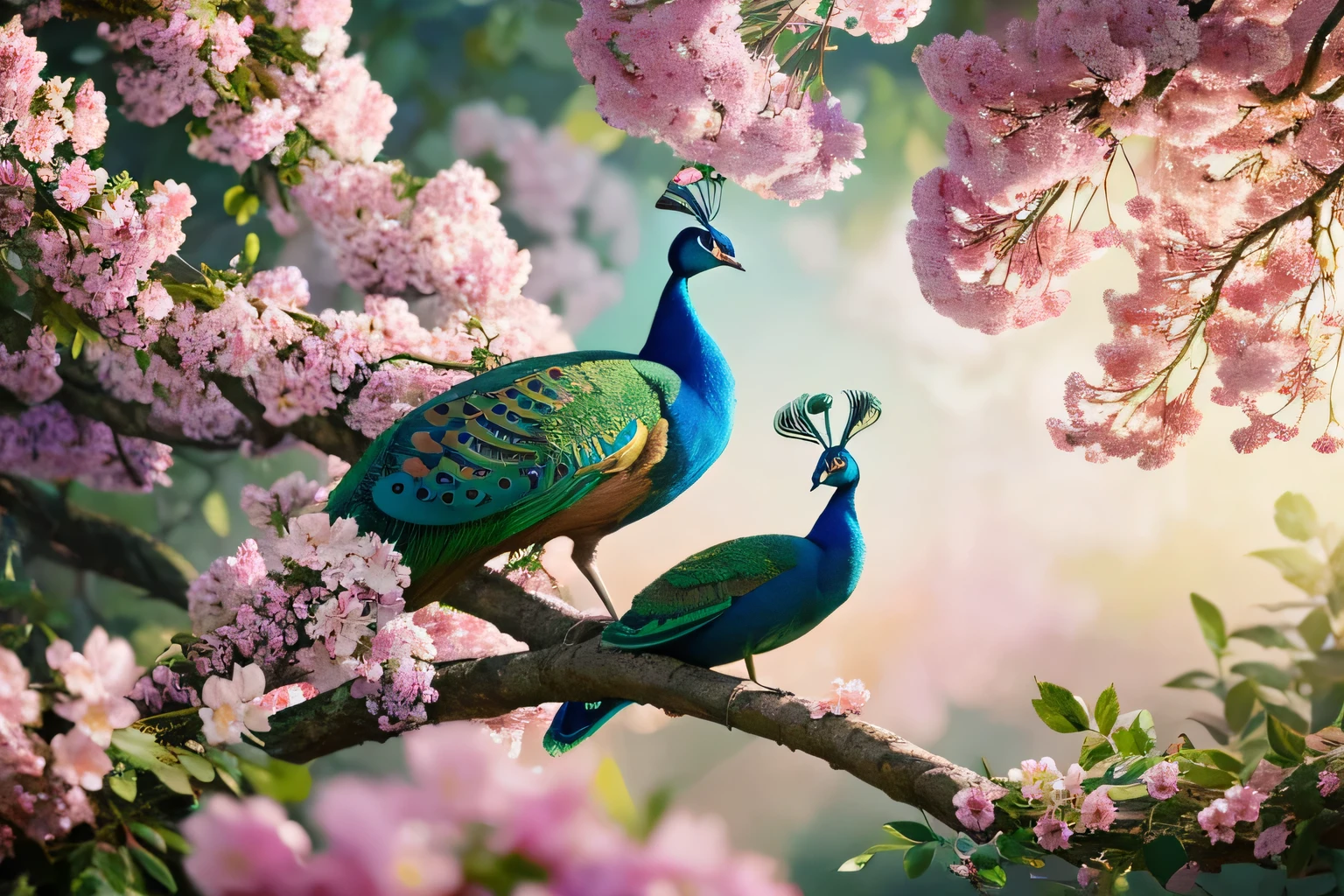 A peacock sitting on a tree branch with flowers in the background, Beautiful digital artwork, very Beautiful digital art, Beautiful digital art, 8k high quality detailed art, beautiful Amazing digital art, Highly detailed digital art in 4K, Highly Detailed 4K HD Wallpapers, Beautiful Art UHD 4K, Amazing digital art, Beautiful digital painting,
