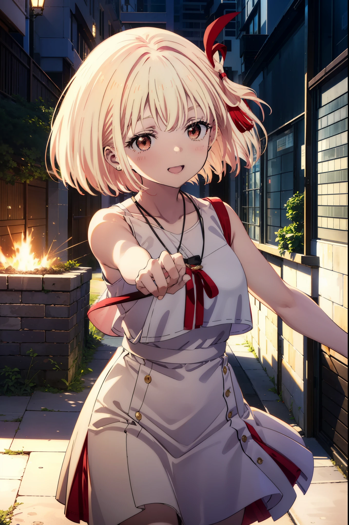 chisatonishikigi, Chisato Nishikigi, Short Hair, bangs, blonde,Bobcut, White hat(Red eyes:1.5),  Hair Ribbon,One side up,happy smile, smile, Open your mouth,smile,blush,Red sleeveless dress,White long skirt,Bare arms,Bare neck,Rocket Pendant,Cute Sandals,real summer,sunny,It&#39;s as if your whole body is in the illustration., break outdoors, coastal,City Street, break looking at viewer, (Cowboy Shot:1.5), break (masterpiece:1.2), highest quality, High resolution, unity 8k wallpaper, (shape:0.8), (Beautiful details:1.6), Highly detailed face, Perfect lighting, Highly detailed CG, (Perfect hands, Perfect Anatomy),