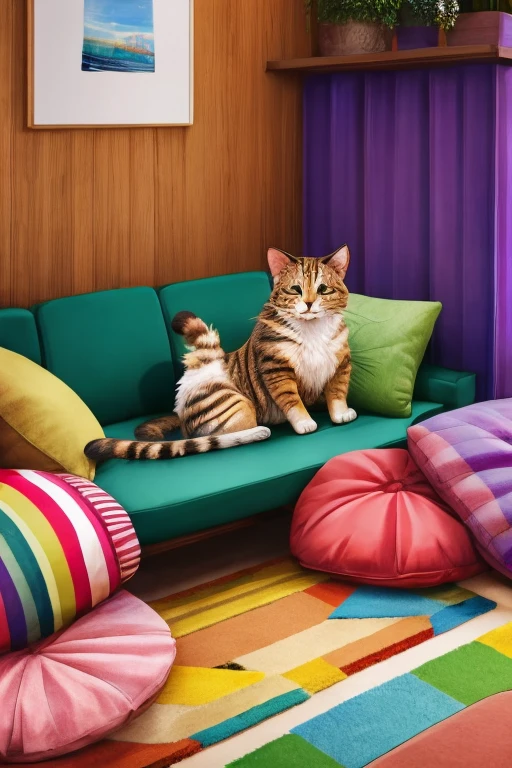 a cat sitting on a mat in front of a green couch, surrounded by colorful pillows