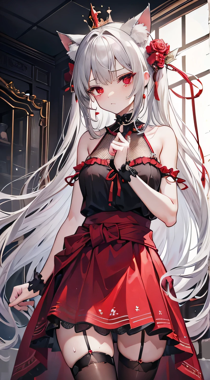 high quality, masterpiece, Very detailed,Long Hair, beautiful girl,Gray Hair,Red eyes,Shoulder Bare,Crown,Noble attire,Black fishnet stockings,Looking at the camera,Cat ear,Troubled face,Sweat,A thin rope tied tightly around the waist,Her hands are tied and she's hanging from the ceiling