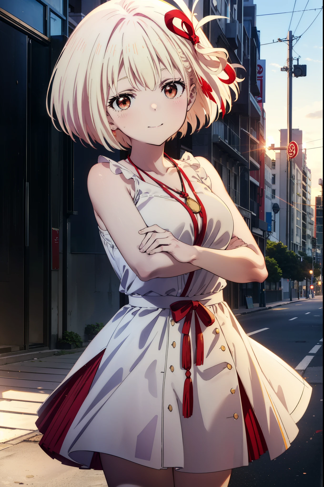 chisatonishikigi, Chisato Nishikigi, Short Hair, bangs, blonde,Bobcut, White hat(Red eyes:1.5), Hair Ribbon,One side up,happy smile, smile, Open your mouth,smile,blush,Red sleeveless dress,White long skirt,Bare arms,Bare neck,Rocket Pendant,Cute Sandals,real summer,sunny,It's as if your whole body is in the illustration., break outdoors, coastal,City Street, break looking at viewer, (Cowboy Shot:1.5), break (masterpiece:1.2), highest quality, High resolution, unity 8k wallpaper, (shape:0.8), (Beautiful details:1.6), Highly detailed face, Perfect lighting, Highly detailed CG, (Perfect hands, Perfect Anatomy),