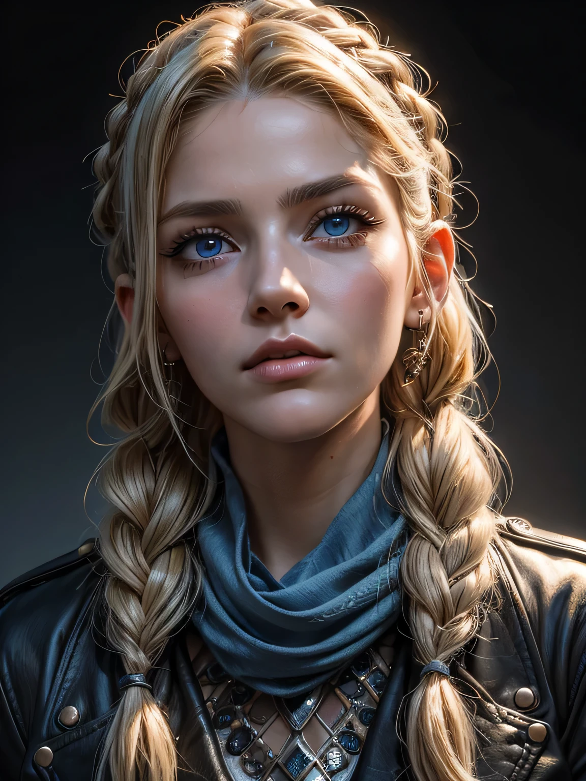 A photorealistic portrait of a young Kathryn Winnick, looking directly at the viewer, wide jaw, strong chin, closeup, close-up, with light makeup, Extremely detailed pale blue eyes, blonde hair in braids, hair framing face, serious expression, one eyebrow raised, A detailed symmetrical realistic face, blue keffiyeh, leather jacket, highly detailed natural texture, master piece, absurdes, extremely detailed, astonishing, fine detail, couleurs riches, Hyper realistic texture, dramatic lighting