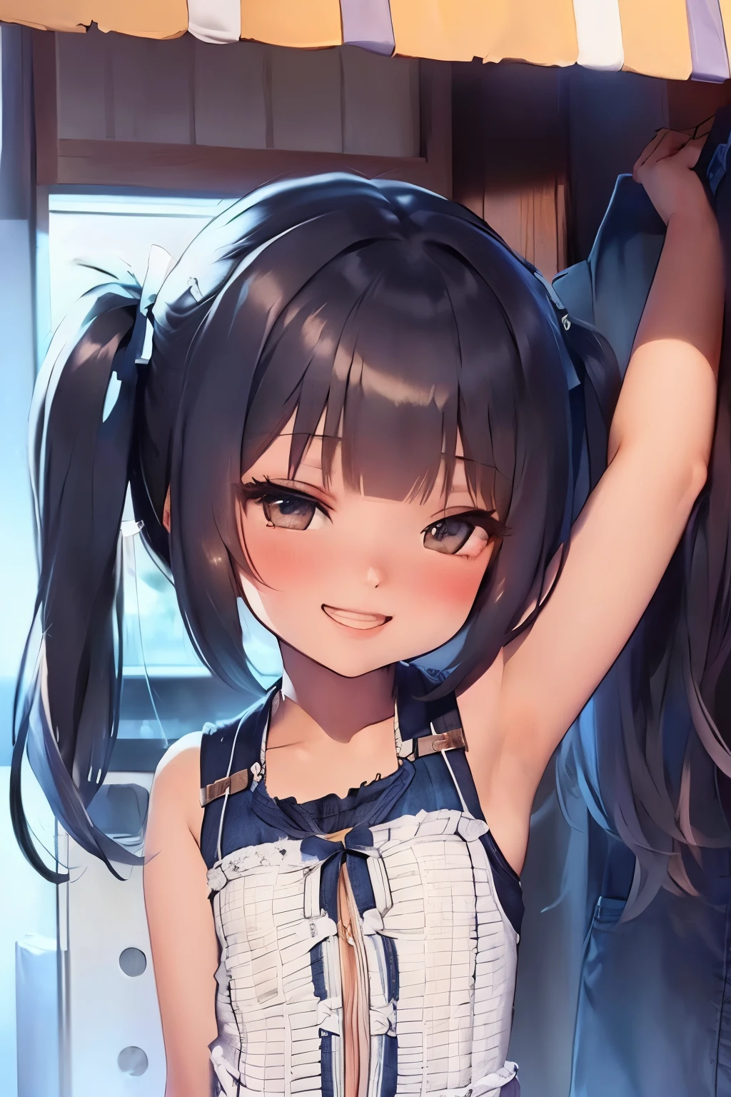 highest quality、smile、Small breasts、、Black Hair、Twin tails、camisole、mini skirt、Panty shot、living