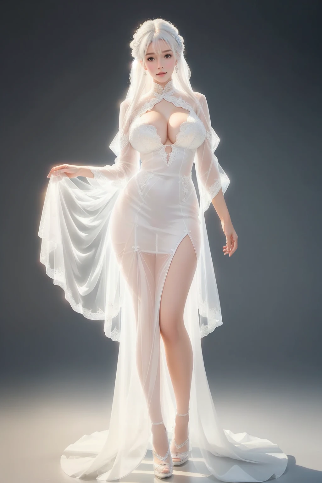 (masterpiece, best quality, ultra-detailed, ultra-HD, photorealistic, cinematic), araffe woman in a sheer white dress posing for a picture, sexy gown, translucent dress, translucent body, fantasy long intricate gown, tall thin beautiful goddess, dressed beautiful gown, wearing long gown, (wide camera shot, full body in view), transparent gray dress, attractive feminine curves, clear curvy details, elegant sleek smooth body, smooth translucent white skin, (short green hair:1.2), large breasts