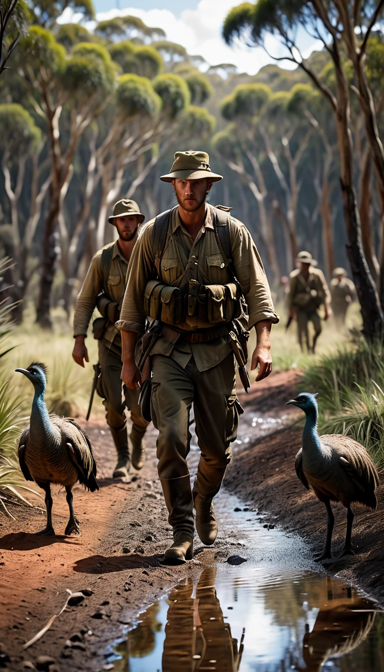 Soldiers trudging through the Australian wilderness, trying to keep up with the emus, background cinematic, hyper realistic, ultra detailed hyper realistic, photorealistic, Studio Lighting, reflections, dynamic pose, Cinematic, historical accuracy, Color Grading, Photography, Shot on 50mm lens, Ultra-Wide Angle, Depth of Field, hyper-detailed, beautifully color, 8k