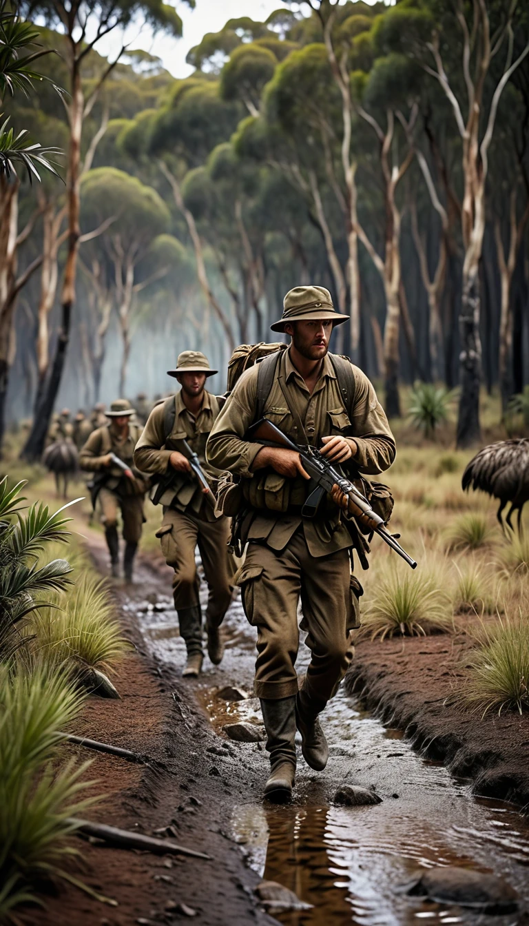 Soldiers trudging through the Australian wilderness, trying to keep up with the emus, background cinematic, hyper realistic, ultra detailed hyper realistic, photorealistic, Studio Lighting, reflections, dynamic pose, Cinematic, historical accuracy, Color Grading, Photography, Shot on 50mm lens, Ultra-Wide Angle, Depth of Field, hyper-detailed, beautifully color, 8k