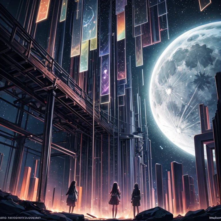 Landscape Photography (Viewed from below, Above, Field below), A girl standing in a flower garden looks up (full moon: 1.2), (meteor: 0.9), (nebula: 1.3), Distant Mountain々, wood々destroys art, (Warm Light: 1.2), (fire Fly: 1.2), Light, Lots of purple and orange, Intricate details, Volumetric Lighting Break (masterpiece: 1.2), ( highest quality), 4K, Super detailed, (Dynamic configuration: 1.4), Rich color and detail, (Iridescent: 1.2), (Shine, Atmospheric lighting), dream-like, Magic, (alone: 1.2)