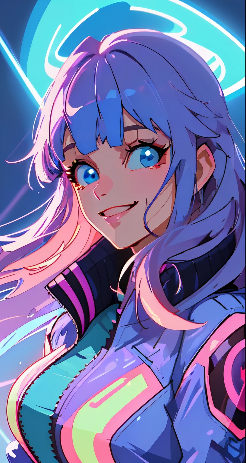 masterpiece, best quality, 1girl city pop, night, neon light, looking at another, upper body, vector illustration, blue jacket, light smile, blunt bangs, long hair, blue eyes