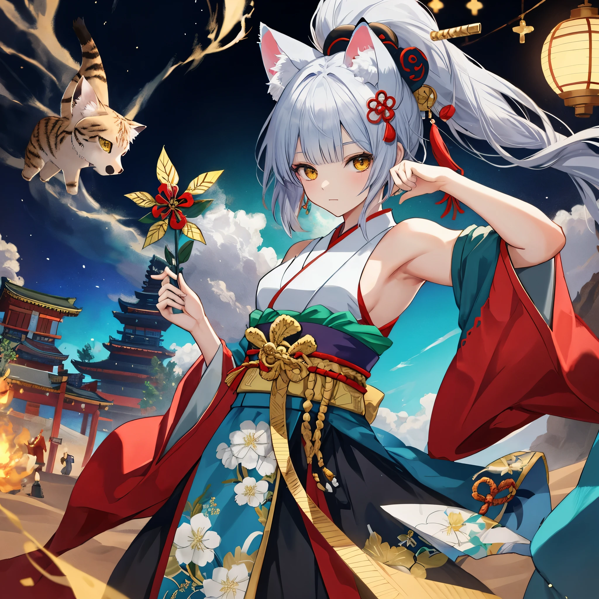 # AI Illustration Prompt for Seart
- **Theme**: The ultimate and strongest Onmyoji performing the main act of the five elements of gold
- **Number of Characters**: One
- **Worldview**: A fusion of anime and manga, the world of Onmyoji
- **Age and Body Type**: Youthful, muscular physique
- **Kemonomimi and Tail**: Kemonomimi and tail of a sand cat
- **Costume**: Traditional Onmyoji costume
- **Costume Color**: Black and white, with gold accents
- **Hairstyle**: Mainly long hair, arranged in ponytail, twintail, and bob cut
- **Hair Color**: Mainly gold, with blue and green added as gradients
- **Presence and Details of Wings**: No wings
- **Props**: Items symbolizing the five elements
- **Emotion**: A confident expression
- **Movement**: Pose using Onmyoji arts
- **Perspective**: Character is in the foreground
- **Composition**: Character is placed in the center
- **Background**: Ancient Japanese-style scenery
- **Background Color**: Light blue, yellow, silver, and deep red as sub-colors
- **Lighting**: Dramatic lighting
- **Style**: High-resolution official artwork or very detailed and elaborate fan art style that is trending on ArtStation or Pixiv. Please refer to the original paintings of Cusheart Krentz, feminine style, Fate style, Enako style, Nozomi Sasaki style, and Kanna Hashimoto style. Also incorporate realistic anime 2.5D style or real anime girls style.
- **Quality Improvement**: Aim for absurd, highest quality, real, hyper-real, ultra-detailed illustrations using the golden ratio 1.2 and drafting board 1.3. Create a beautiful masterpiece with a large file size created in 64K. The resolution of the face is also high, and the lighting is perfectly finished. The resolution is 8K, ultra-high resolution: 1.2, selectable high resolution (HD, 4K, 8K, 16K, etc.). The color bit depth is 24 bits, 48 bits.
