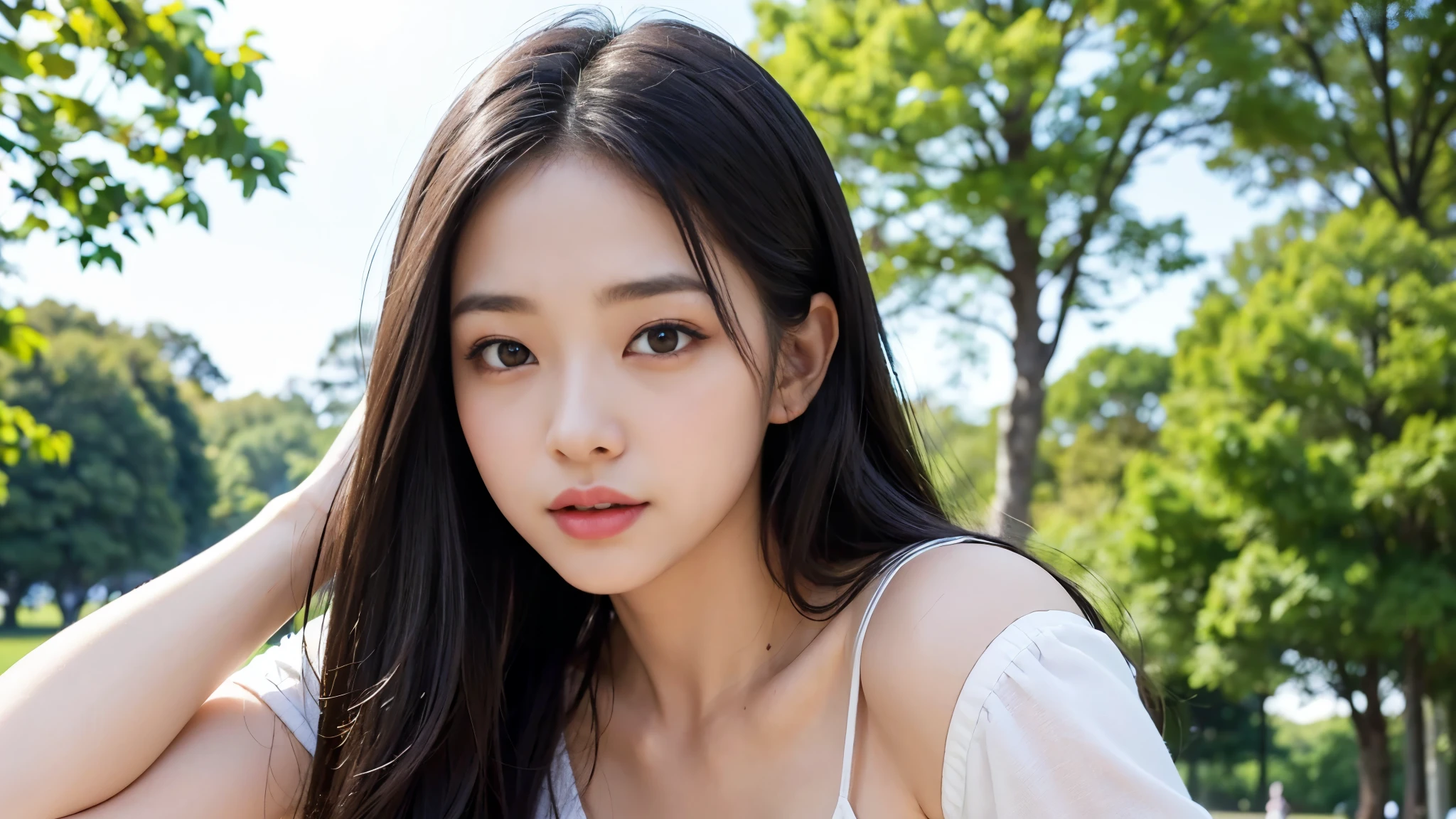 highest quality, masterpiece, ultra-high resolution, (realistic:1.4), Raw photo, 23 year old girl, ((leaning forward):1.3), ((from the front)), (white t-shirt:1.2), (Very cute face like the most popular Japanese idol, ((very beautiful big black eyes)), very beautiful hair, (long hair)、very beautiful skin, very beautiful long eyelashes, very beautiful lips, very beautiful cleavage, innocent smile, dynamic pose, Well-balanced body size, white cami-onepeace, in the park