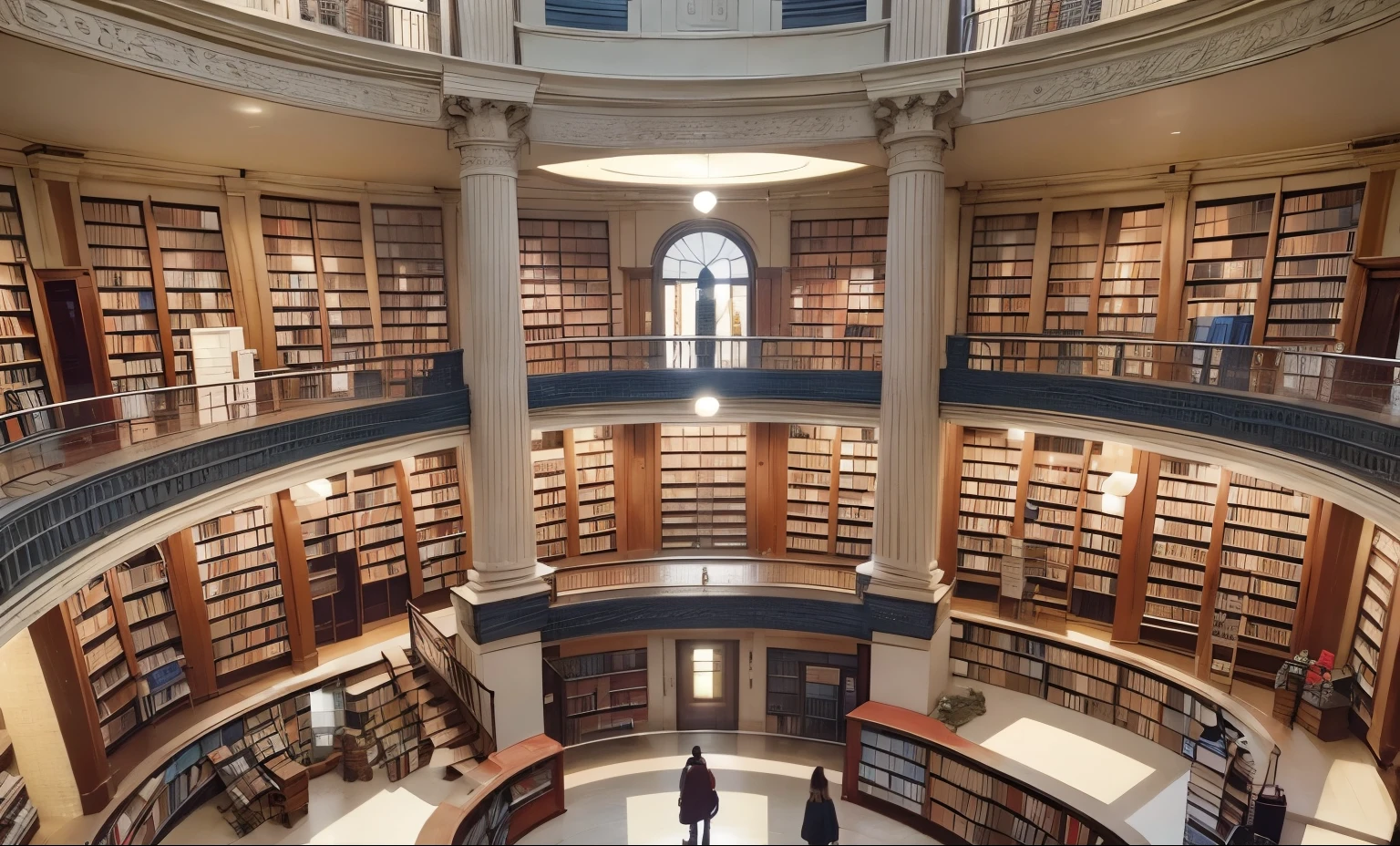 bookstore, library, circular hall, several floors, books, anime, background