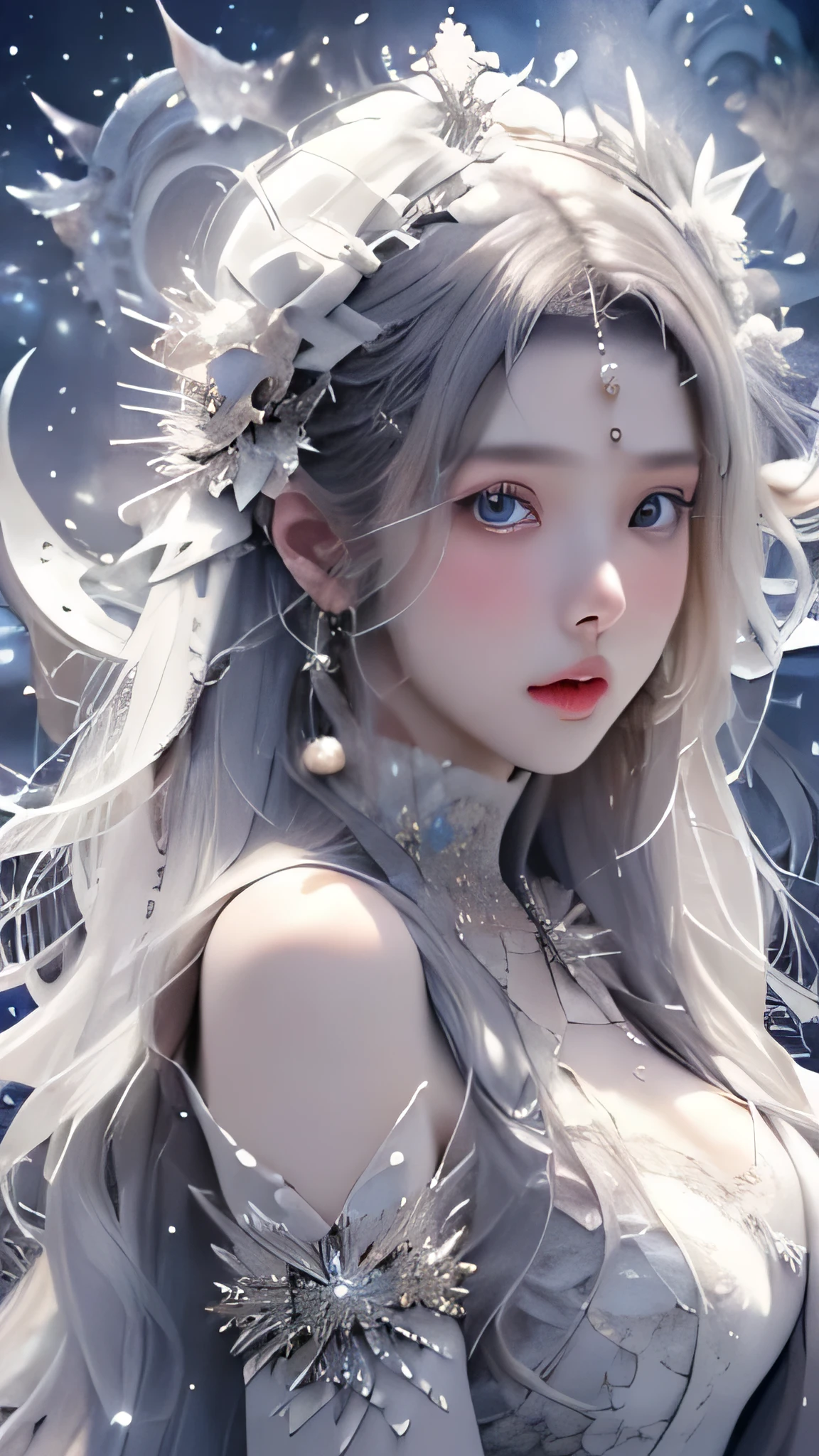 (Starry sky with the moon、Beautiful night sky:1.2), ((masterpiece)), (detailed:1.4)、(heavyfall, snowfall in background),Realistic、 beautiful woman images,High resolution(High Dynamic Range),Ray Tracing,NVIDIA,Super Resolution,PBR Textures,Post-processing,Anisotropic Filtering,Maximum depth of field resolution and crisp layered textures,Albedo and Specular Maps,Surface Shading,Accurate simulation of material interactions,Perfect balance,Rendering with Octane,2-color light,Large Diameter,Low ISO,White balance,Rule 3 points、8K raw data、Backlight、dancing woman、Beautiful white and shining skin、White hair that changes with the light、Long bangs obstruct the view、Highlights of cheek luster、Sexy and very beautiful and lovely face、The most beautiful face in the world、Super long and gorgeous white hair、Smooth straight hair、White hair blowing in the wind、big, Sparkling light blue eyes、Beautiful Bangs、Beautiful cute girl 25 years old、Great cleavage、snow goddess
