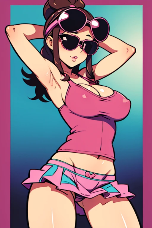 sexy cowgirl in tight spaghetti strap tank top and mini skirt and panty underneath, gloved hands hidden behind head, sunglasses, pink lips