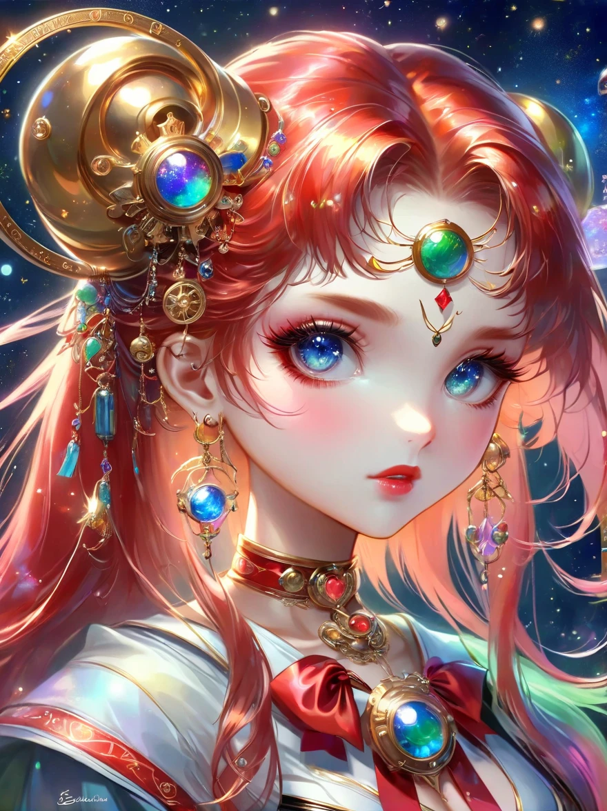 Best quality，very good，8k，absurd，Extremely detailed，Sailor Moon Fighting，Short red messy hair，kaleidoscope，(Cyberpunk:0.7)，Steampunk，Dieselpunk and clockpunk，kaleidoscope采用热粉色，Made of shiny gold plated and shiny silver plated，Broken sparkling colored gemstones，Mixed Art，Mixed Art，Fractal Art，Zentangle Art，Design Art，Wonderful and mysterious，Fantasy World Pictures，A diverse visual style that incorporates a variety of artistic elements，Includes glittery rainbow pastels and bright colors