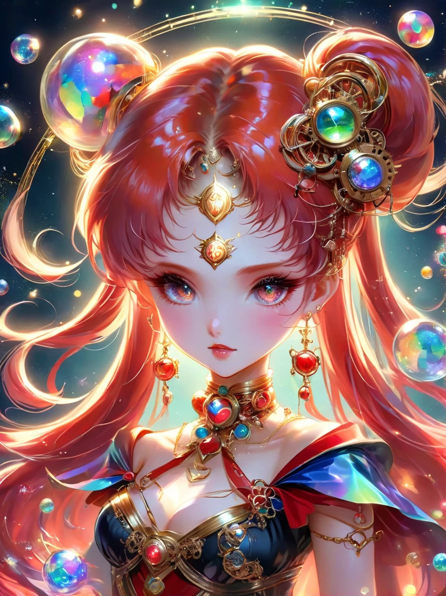 Best quality，very good，8k，absurd，Extremely detailed，Sailor Moon Fighting，Short red messy hair，kaleidoscope，(Cyberpunk:0.7)，Steampunk，Dieselpunk and clockpunk，kaleidoscope采用热粉色，Made of shiny gold plated and shiny silver plated，Broken sparkling colored gemstones，Mixed Art，Mixed Art，Fractal Art，Zentangle Art，Design Art，Wonderful and mysterious，Fantasy World Pictures，A diverse visual style that incorporates a variety of artistic elements，Includes glittery rainbow pastels and bright colors