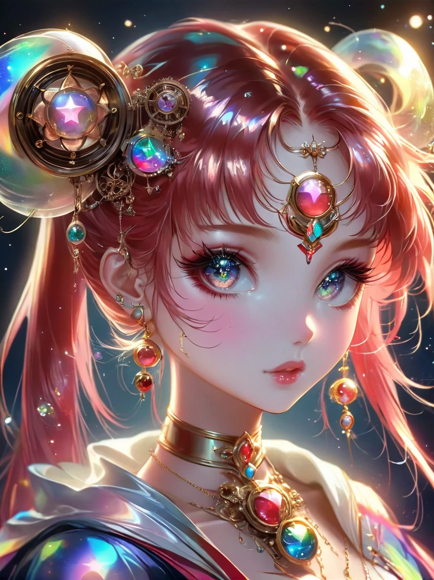 Best quality,very good,8k,absurd,Extremely detailed,Sailor Moon Fighting,Short red messy hair,kaleidoscope,(Cyberpunk:0.7),Steampunk,Dieselpunk and clockpunk,kaleidoscope采用热粉色,Made of shiny gold plated and shiny silver plated,Broken sparkling colored gemstones,Mixed Art,Mixed Art,Fractal Art,Zentangle Art,Design Art,Wonderful and mysterious,Fantasy World Pictures,A diverse visual style that incorporates a variety of artistic elements,Includes glittery rainbow pastels and bright colors