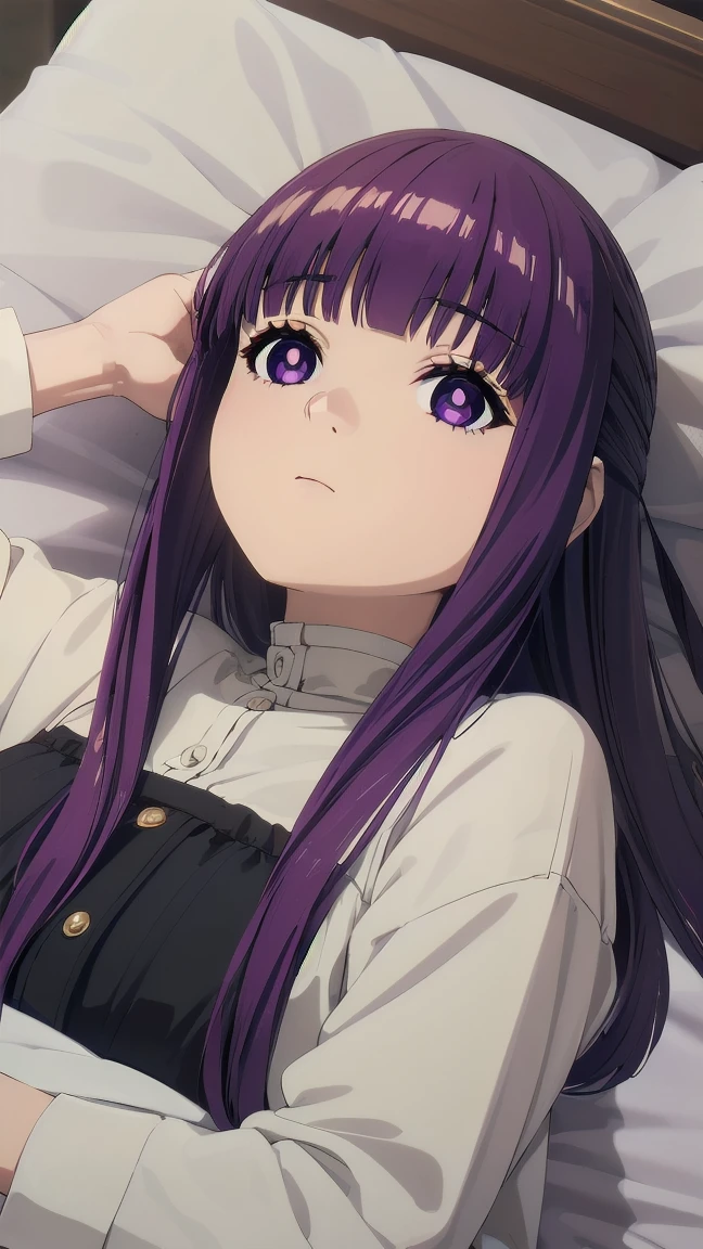 (((Pixel Perfect, Perfect detail))), One girl, alone, From above, Fern, Long Hair, bangs, (Purple eyes:1.1), Purple Hair, Side Lock, blunt bangs, (Bright Eyes:1.5), Half Up,(Lying in bed:1.3), whole body